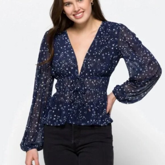 Madison & Berkeley Navy Star Mesh Top XL Long Sleeve Smocked Waist NWT - Picture 2 of 10